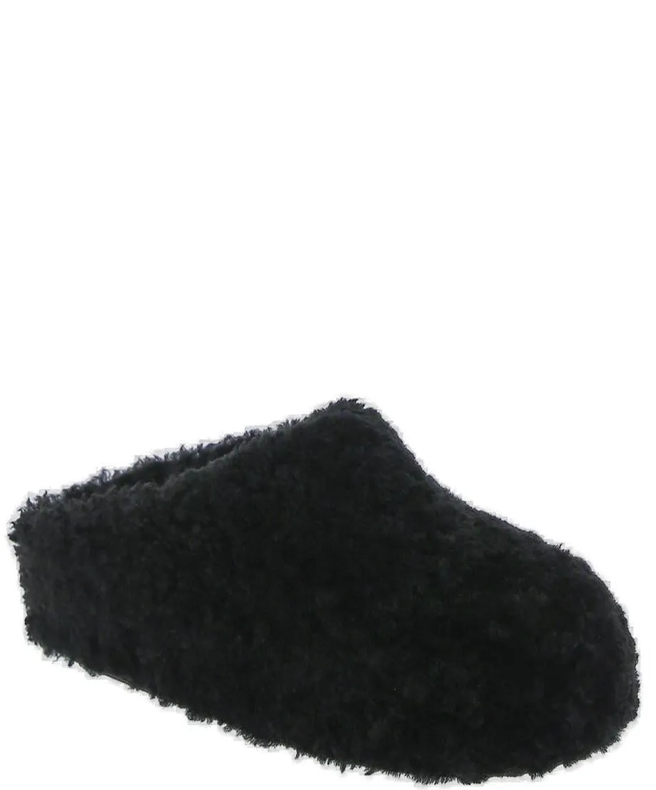Amina Muaddi Giuly Tan Shearling Round Toe Slippers