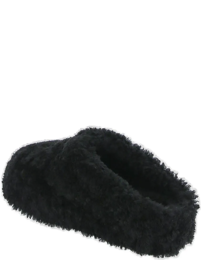 Amina Muaddi Giuly Tan Shearling Round Toe Slippers