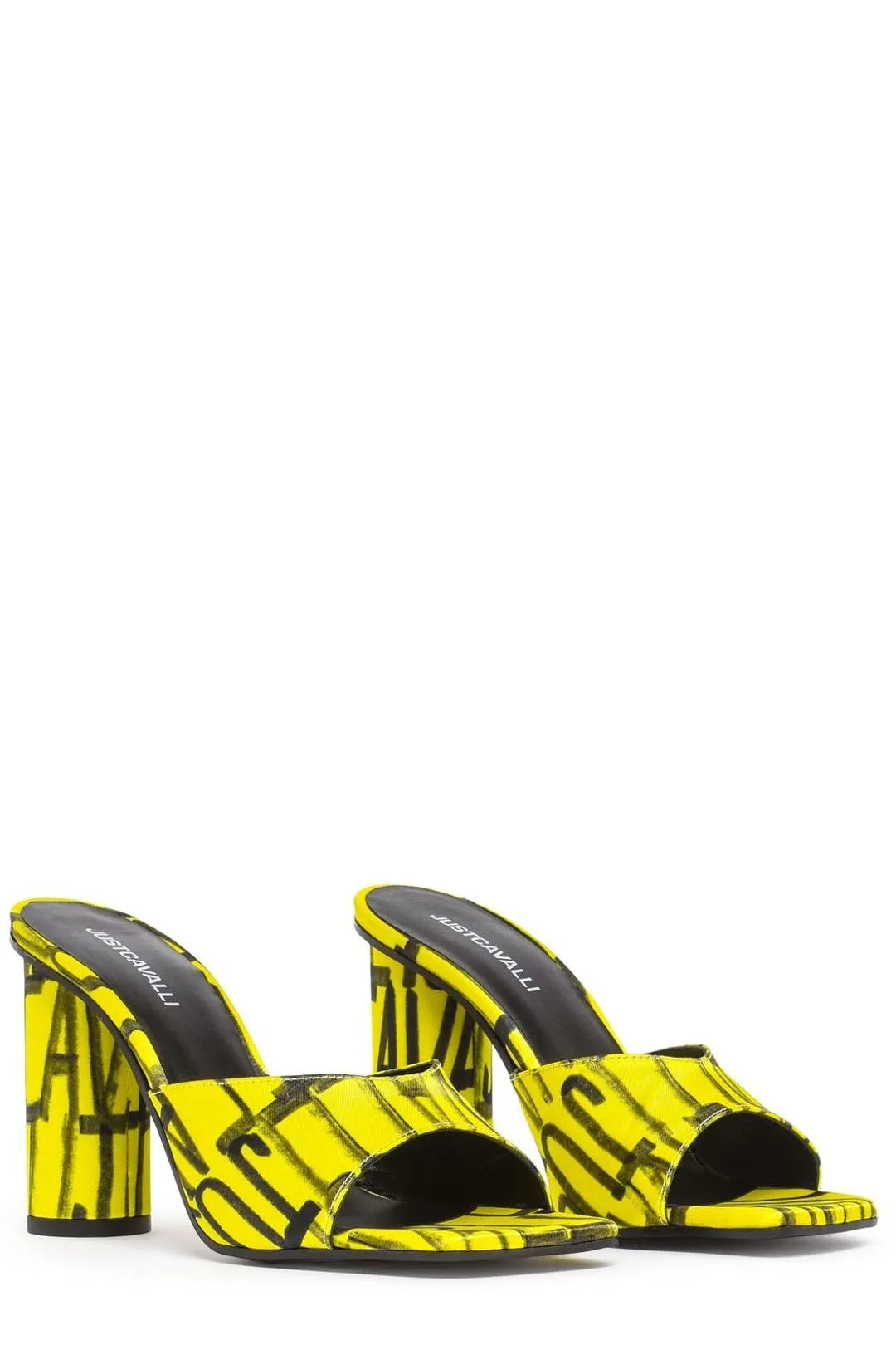 Just Cavalli Allover Logo Print High Heel Mules