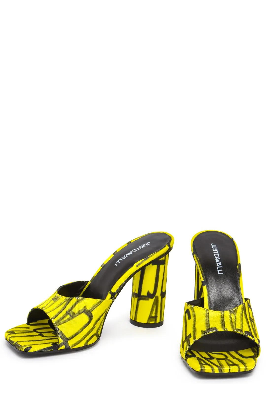 Just Cavalli Allover Logo Print High Heel Mules