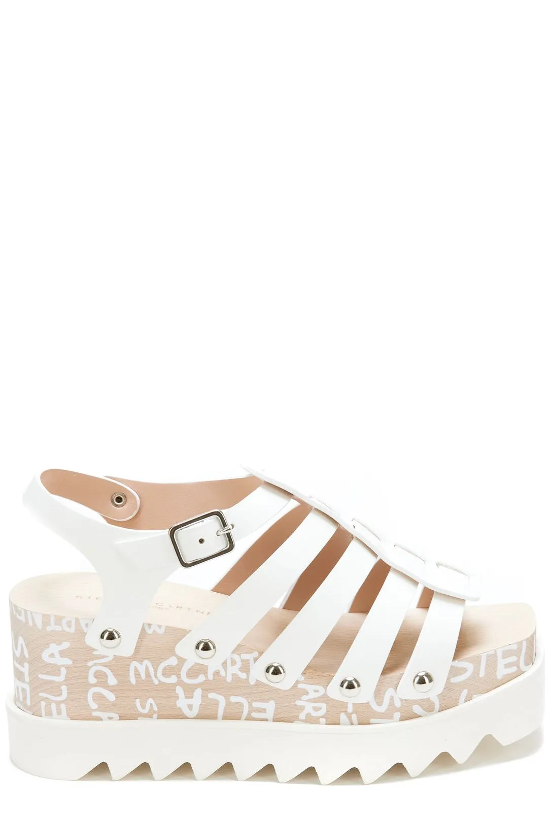 Stella McCartney Logo Printed Square Toe Wedge Sandals