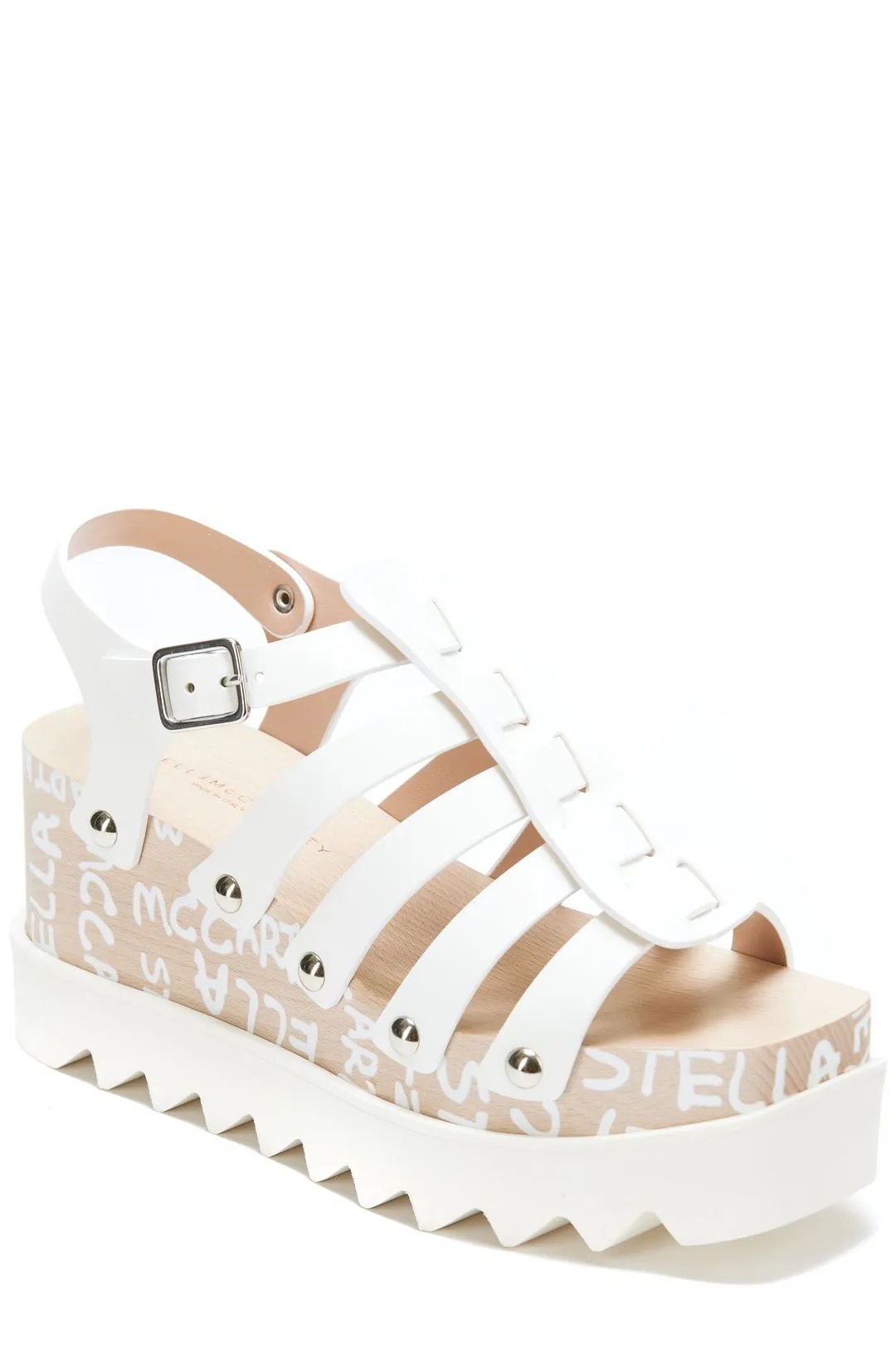 Stella McCartney Logo Printed Square Toe Wedge Sandals
