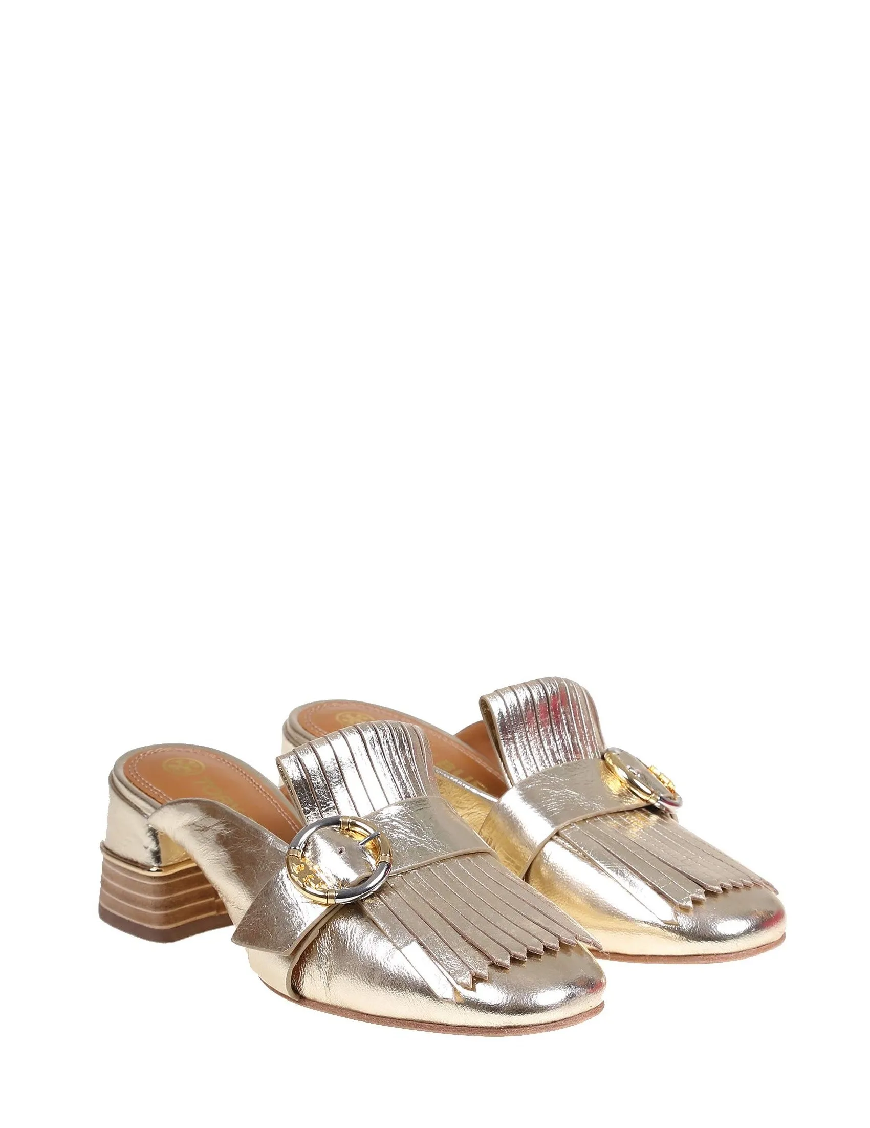 Tory Burch Kiltie Metallic Effect Buckle Detailed Mules