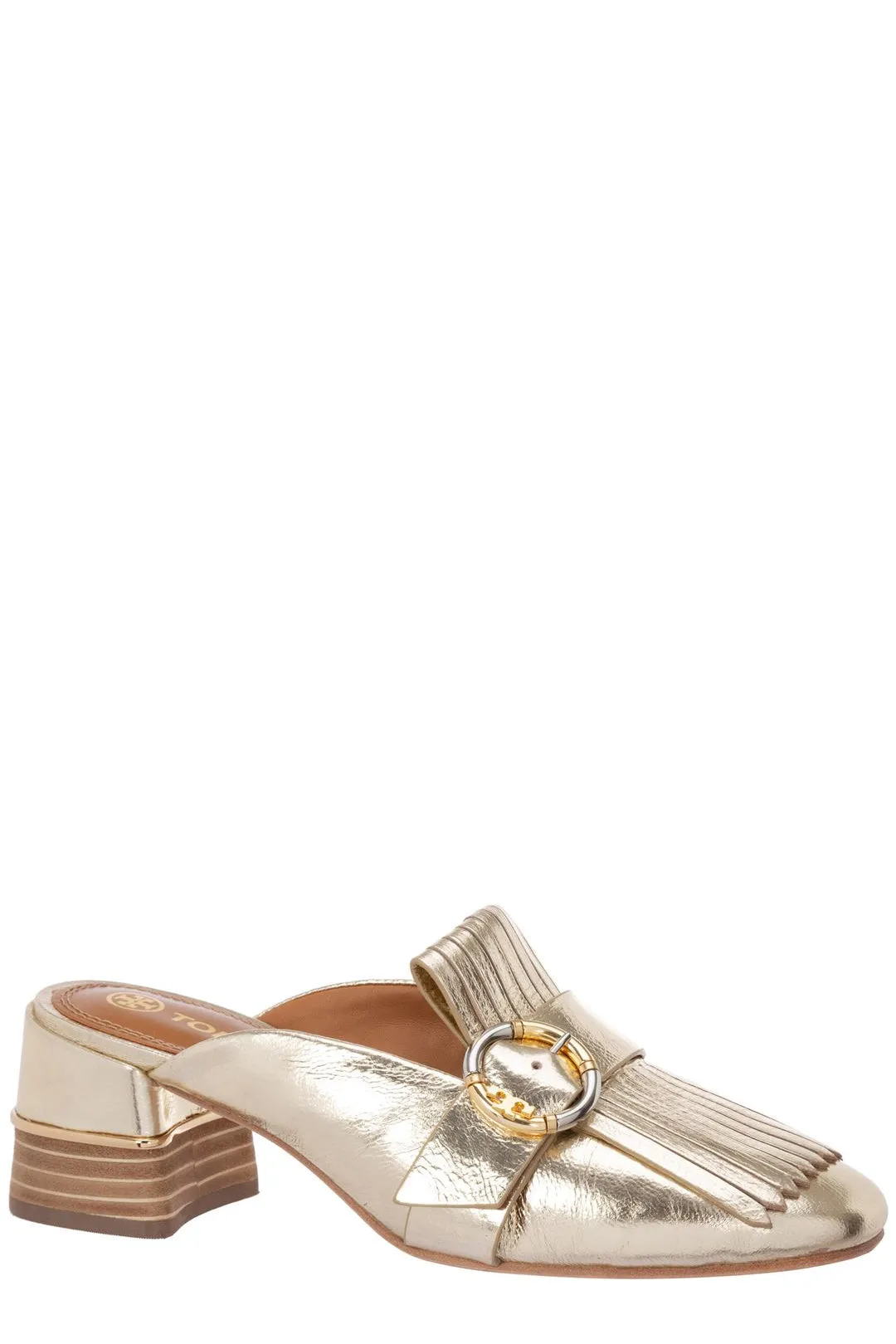 Tory Burch Kiltie Metallic Effect Buckle Detailed Mules